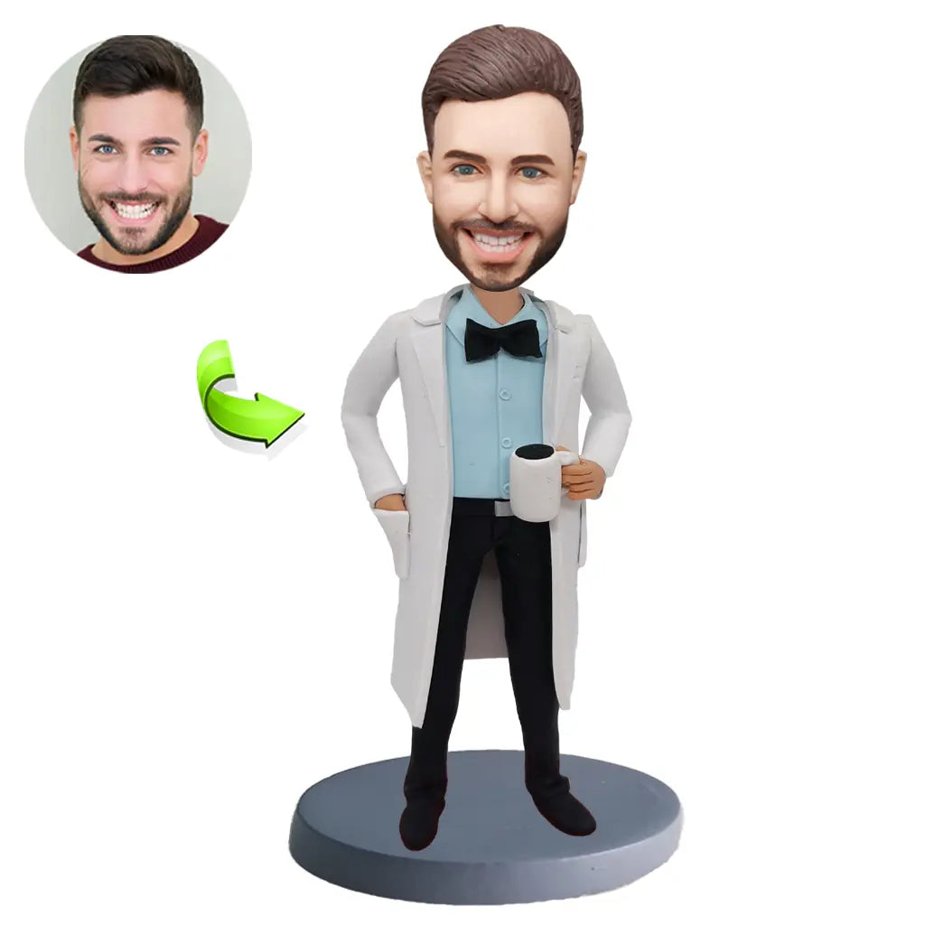 Custom male doctor bobblehead personalized from photo holding a cup