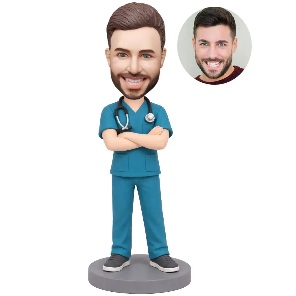 Custom male nurse bobblehead in teal scrubs with stethoscope and crossed arms