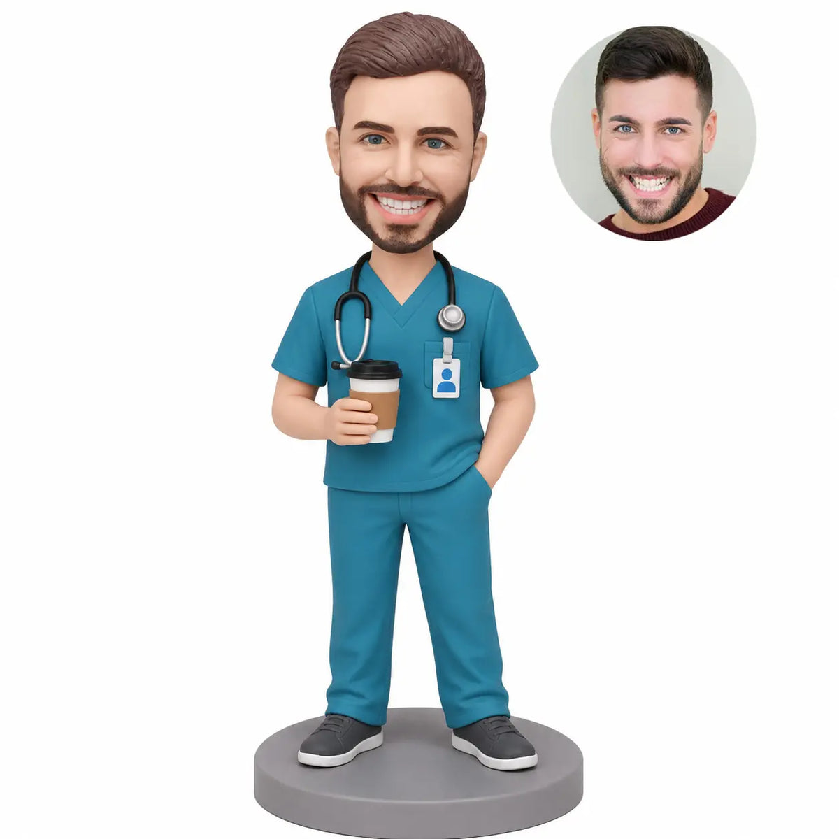 Custom male nurse bobblehead in teal scrubs holding a coffee cup with stethoscope