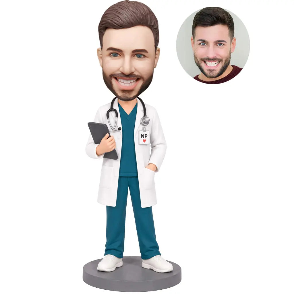 Custom male nurse practitioner bobblehead in white coat and teal scrubs holding a clipboard