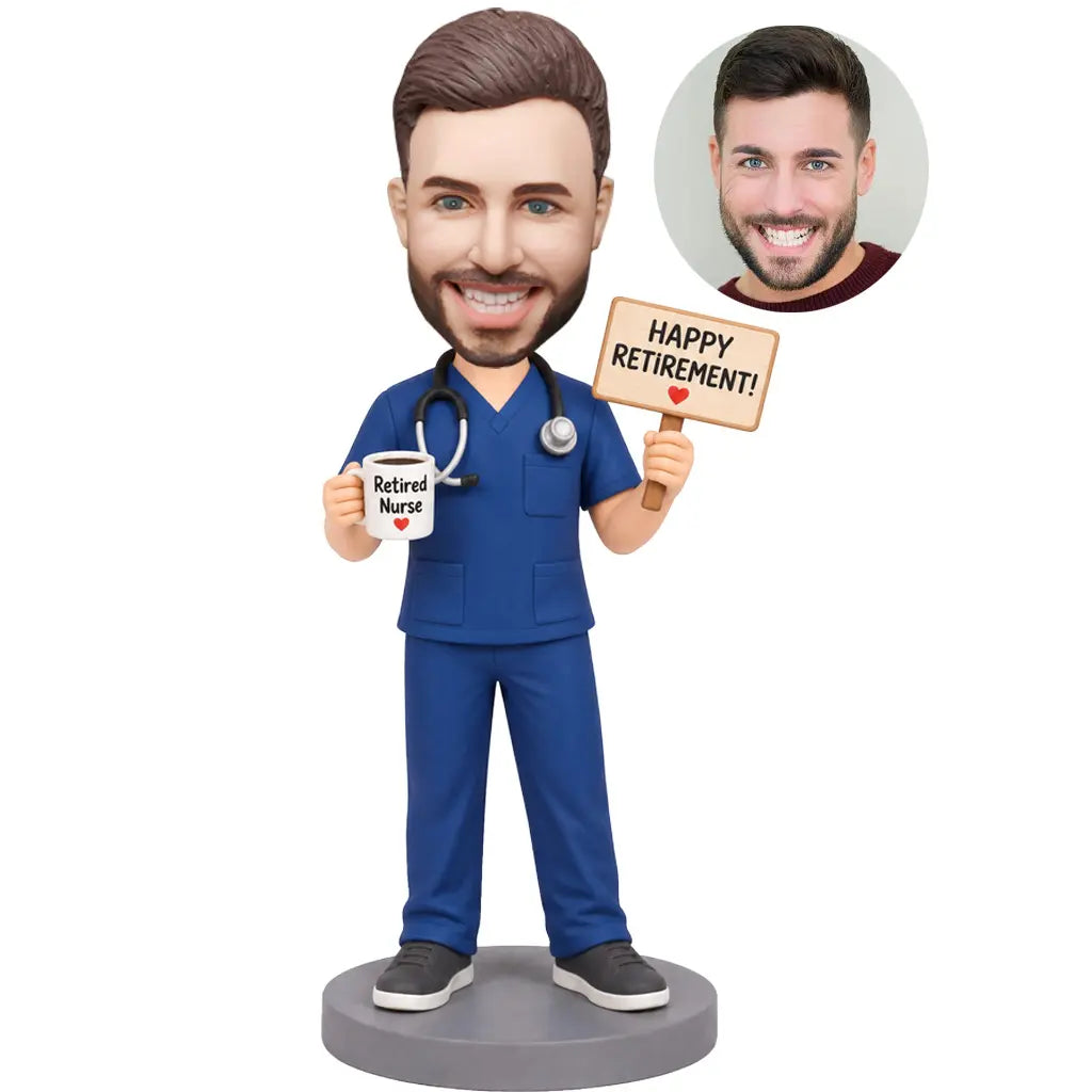 Custom male nurse retirement bobblehead in blue scrubs holding a Retired Nurse mug and Happy Retirement sign