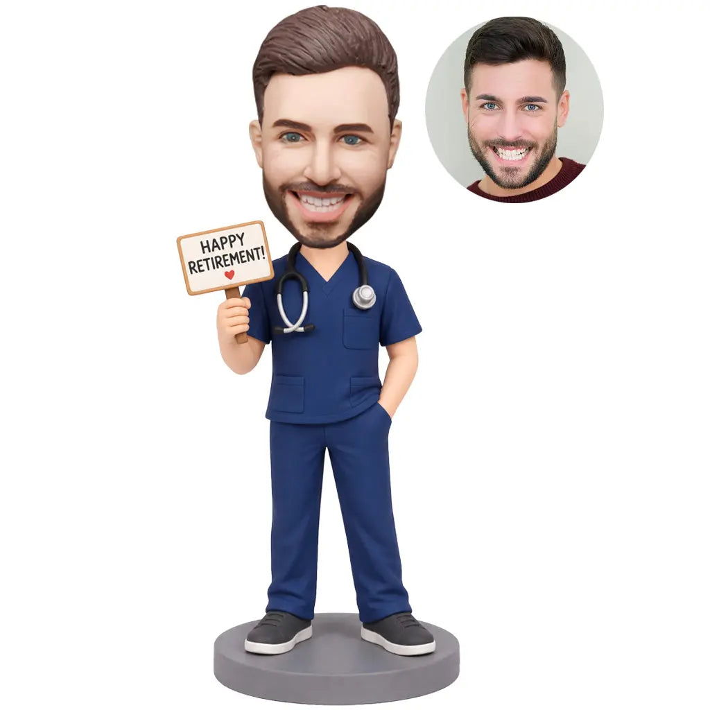 Custom male nurse retirement bobblehead in blue scrubs holding a Happy Retirement sign