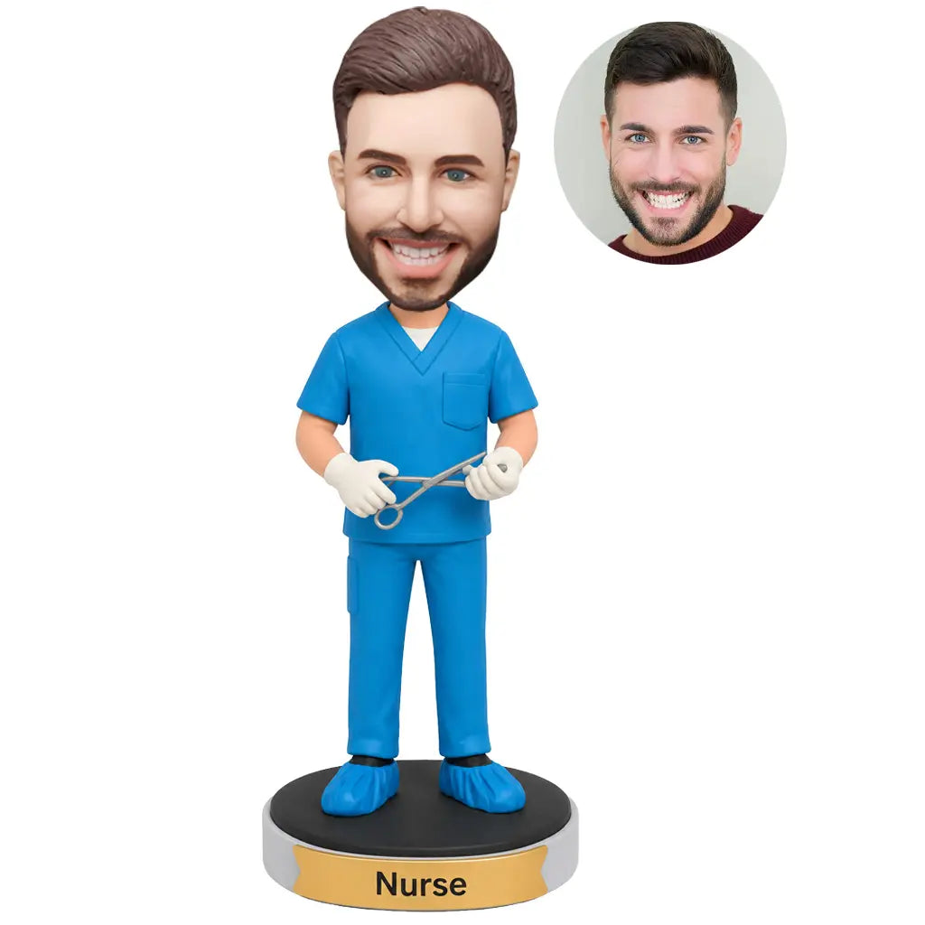 Custom male surgical nurse bobblehead in blue scrubs holding a medical instrument