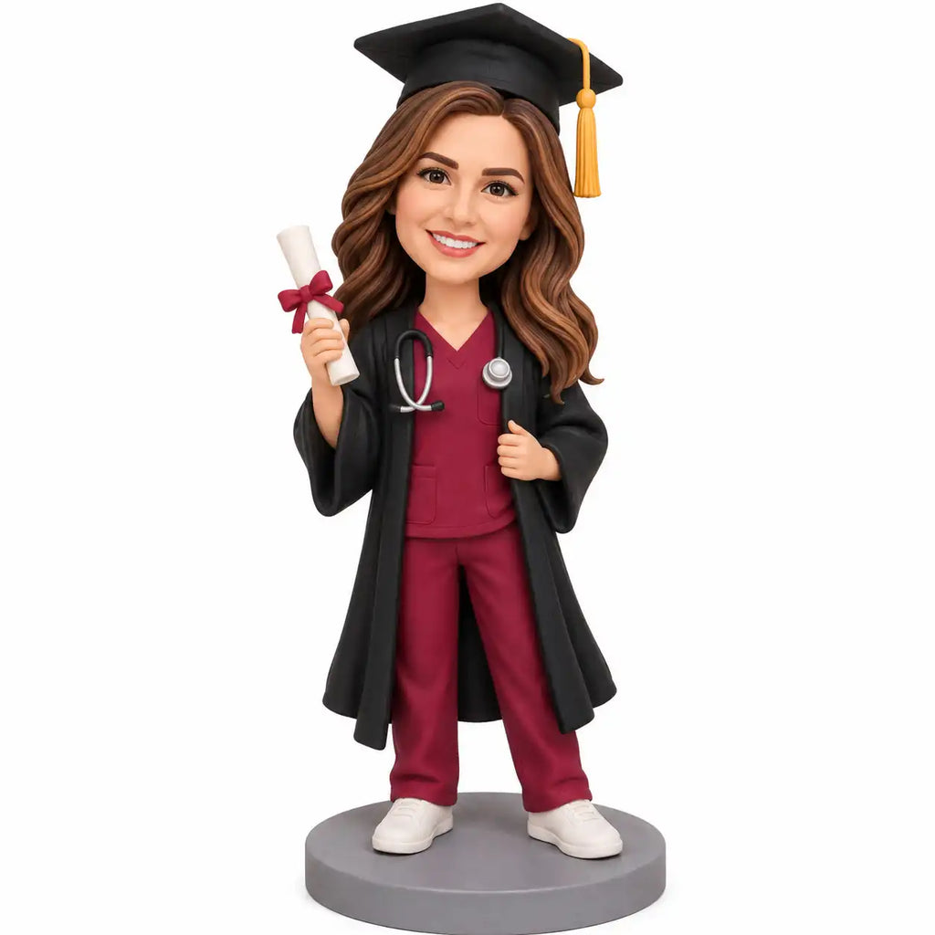 Custom female nurse graduation bobblehead in black graduation gown with cap and diploma