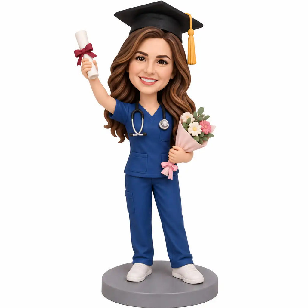Custom female nurse graduation bobblehead in blue scrubs holding diploma and flower bouquet