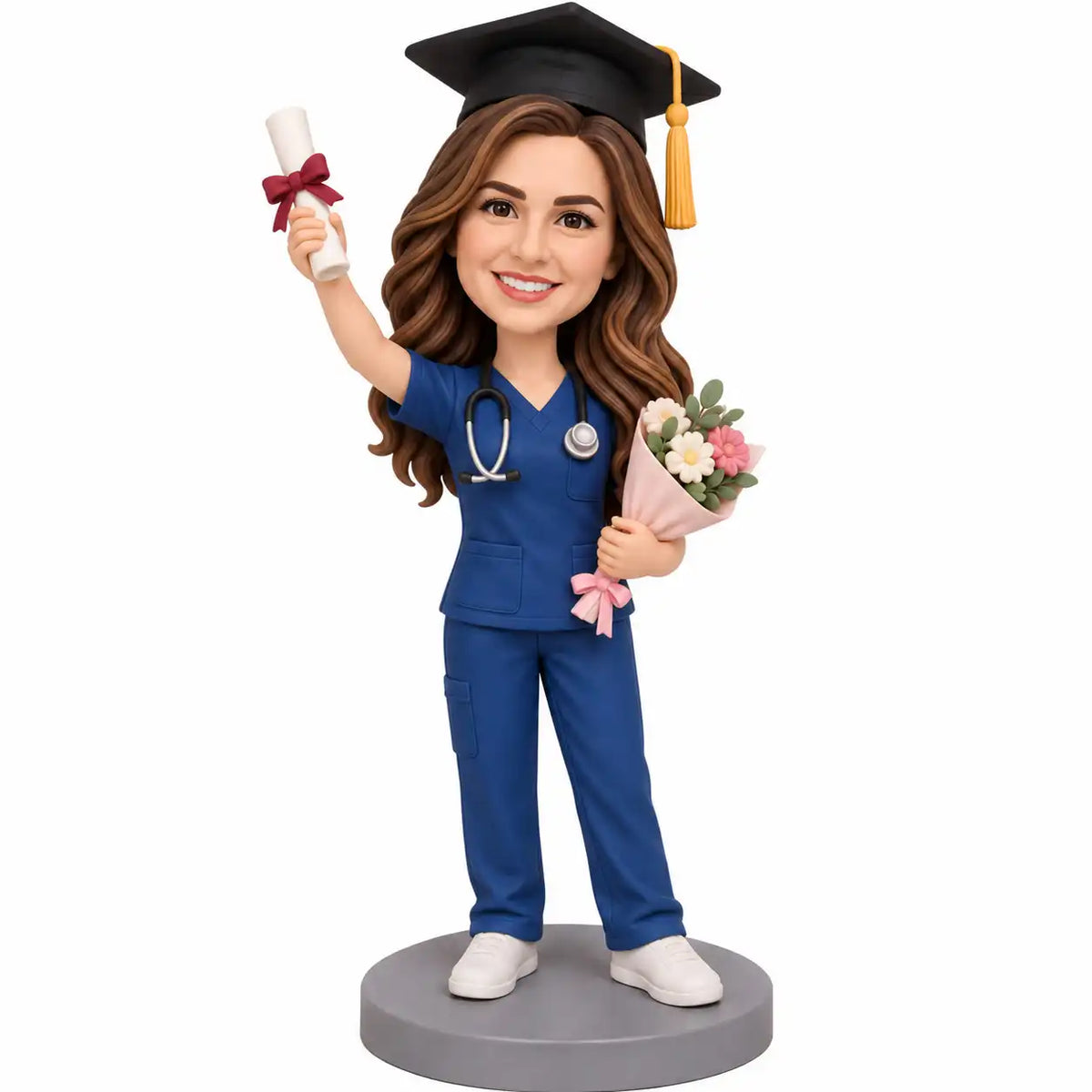 Custom female nurse graduation bobblehead in blue scrubs holding diploma and flower bouquet