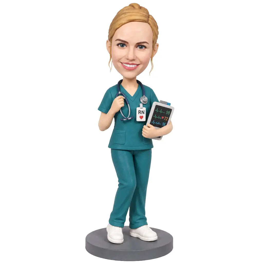 Custom female registered nurse bobblehead in teal scrubs with RN badge and patient monitor