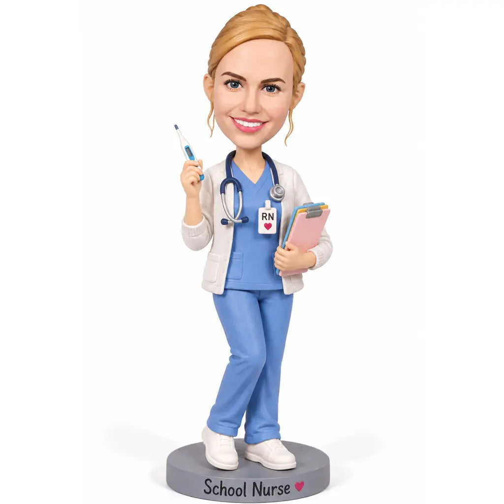 Custom female school nurse bobblehead in blue scrubs holding a thermometer and folders