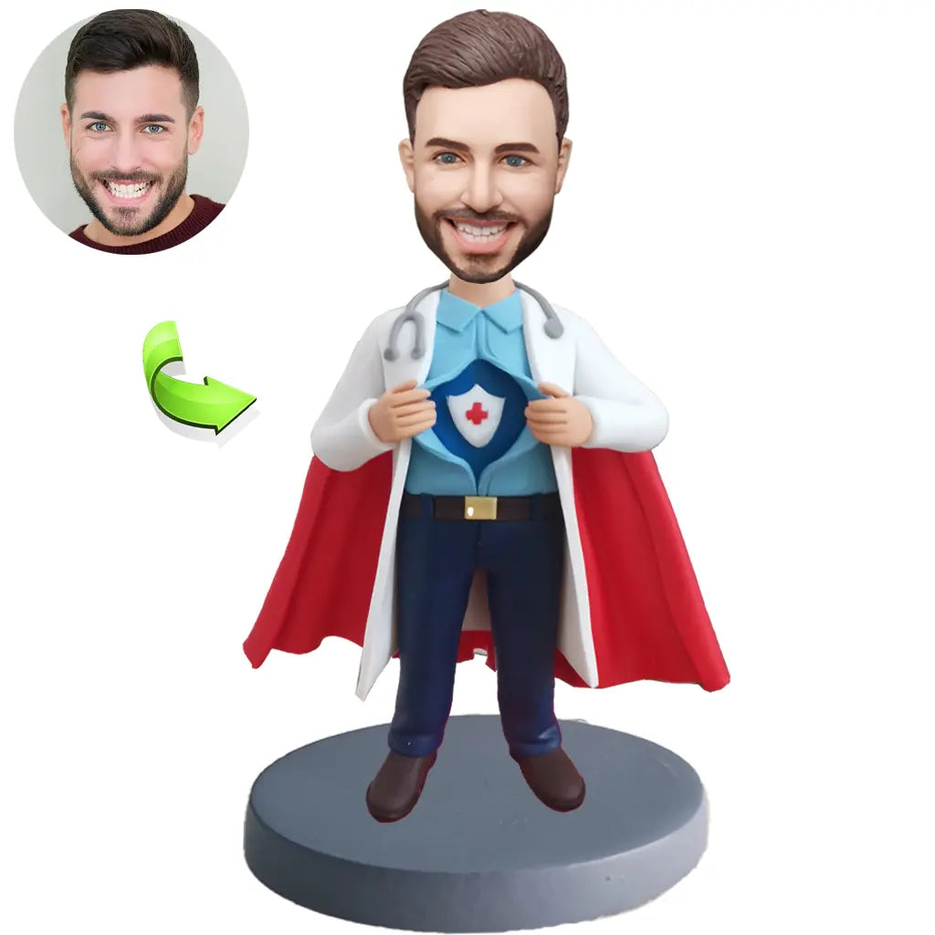 Custom superhero doctor bobblehead personalized from photo with doctor and superhero details