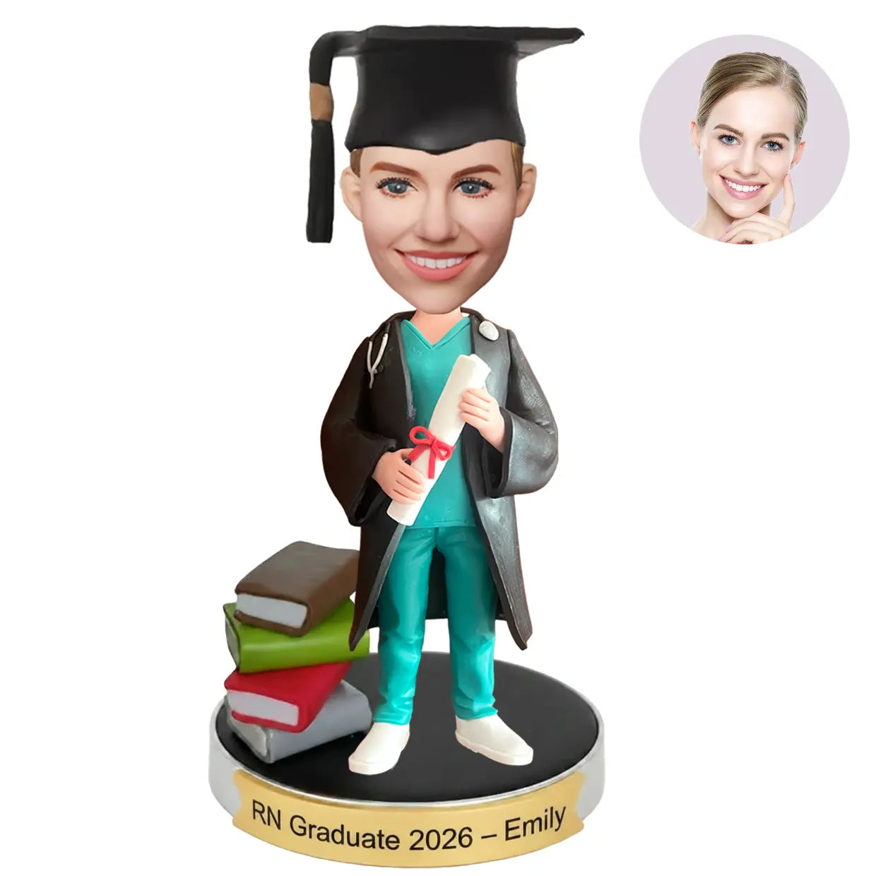 custom RN nurse graduation bobblehead from photo with cap gown diploma and engraved base