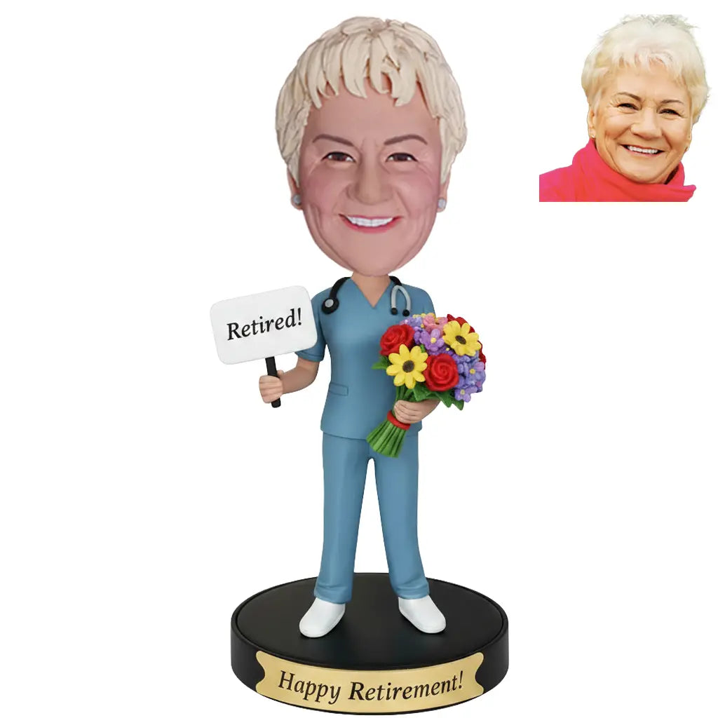 Custom Female Nurse Retirement Bobblehead Blue Scrubs Stethoscope Retired Sign Flowers - Happy Retirement Gift for Her