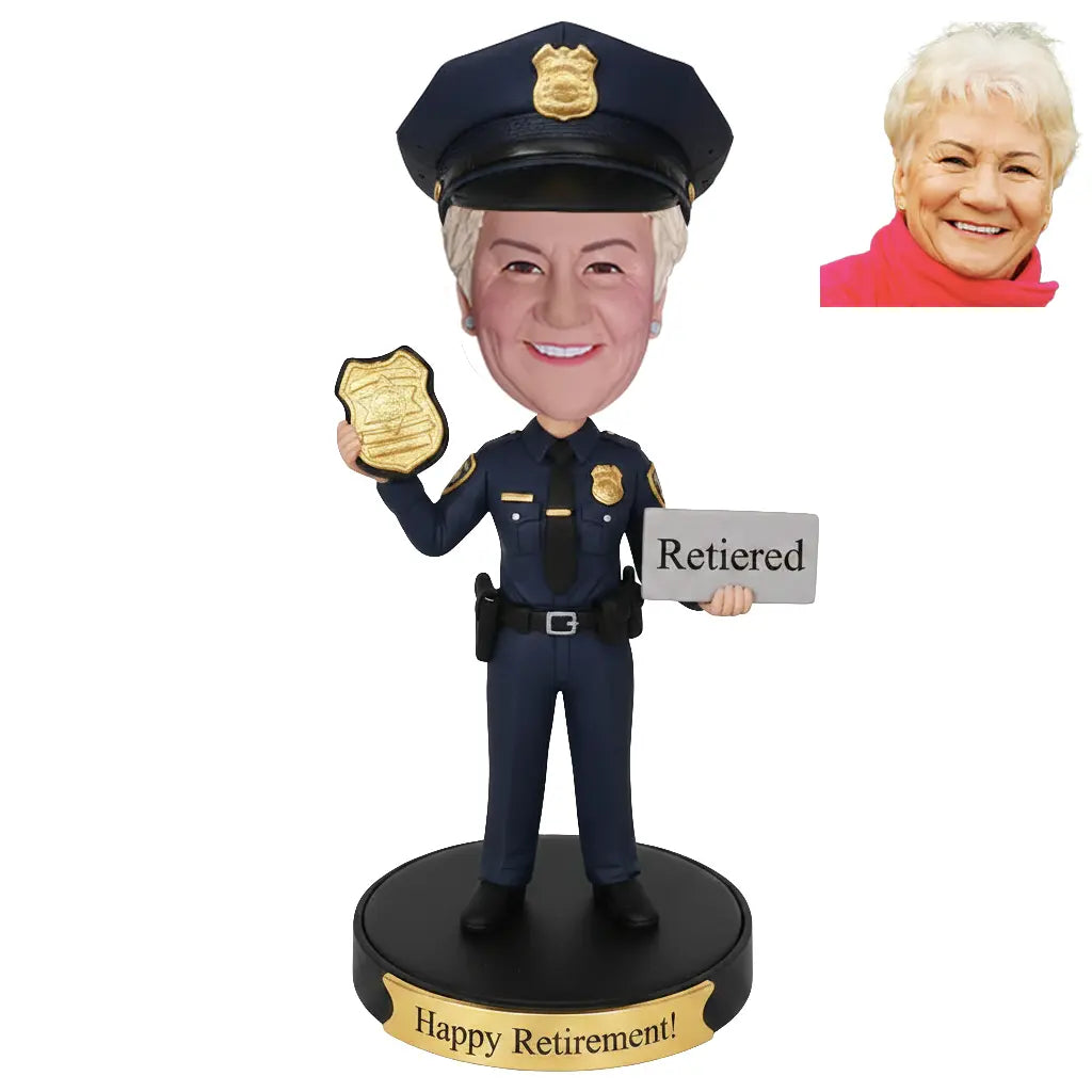 Custom Female Police Officer Retirement Bobblehead Uniform Badge Retired Sign - Happy Retirement Gift for Her