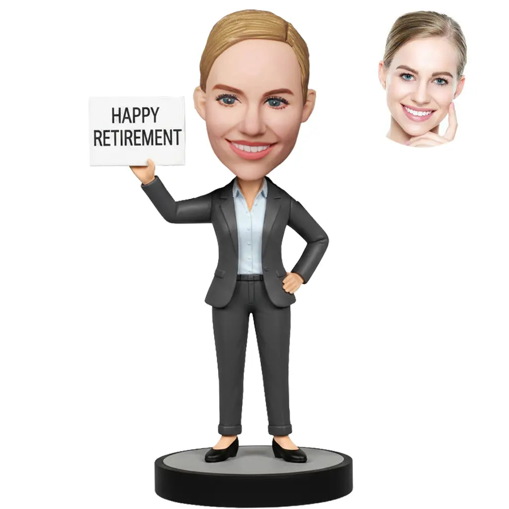 Custom Retirement Bobblehead for Women Black Suit with Coffee - Personalized Retirement Gift for Her