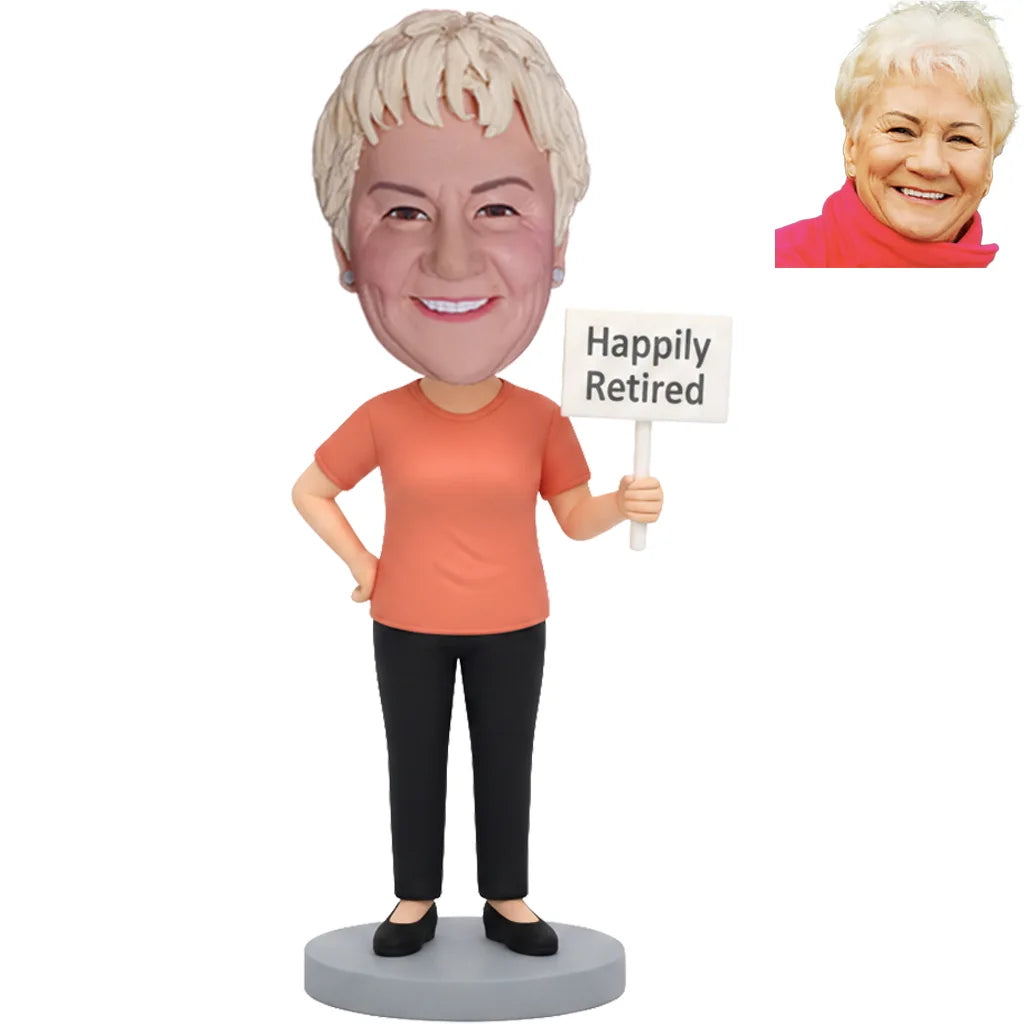 Custom Retirement Bobblehead for Women Holding Retired Sign - Personalized Retirement Gift for Her