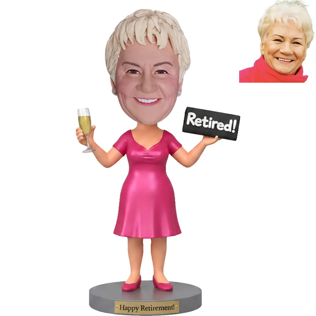Custom Female Retirement Bobblehead in Pink Dress - Happy Retirement Gift for Her