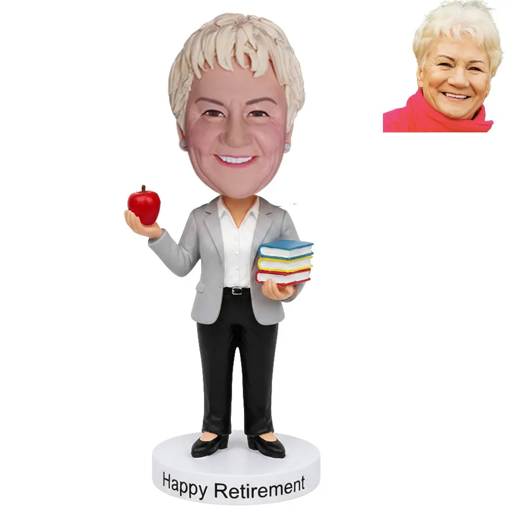 Custom Female Teacher Retirement Bobblehead Gray Blazer Apple Books - Happy Retirement Gift for Her