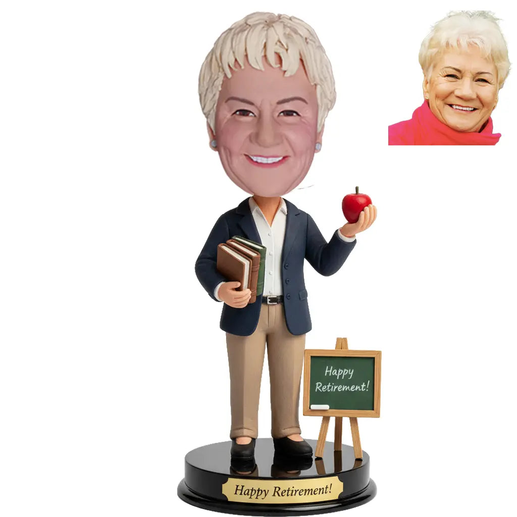 Custom Female Teacher Retirement Bobblehead Navy Blazer Apple Books Chalkboard Sign - Happy Retirement Gift for Her