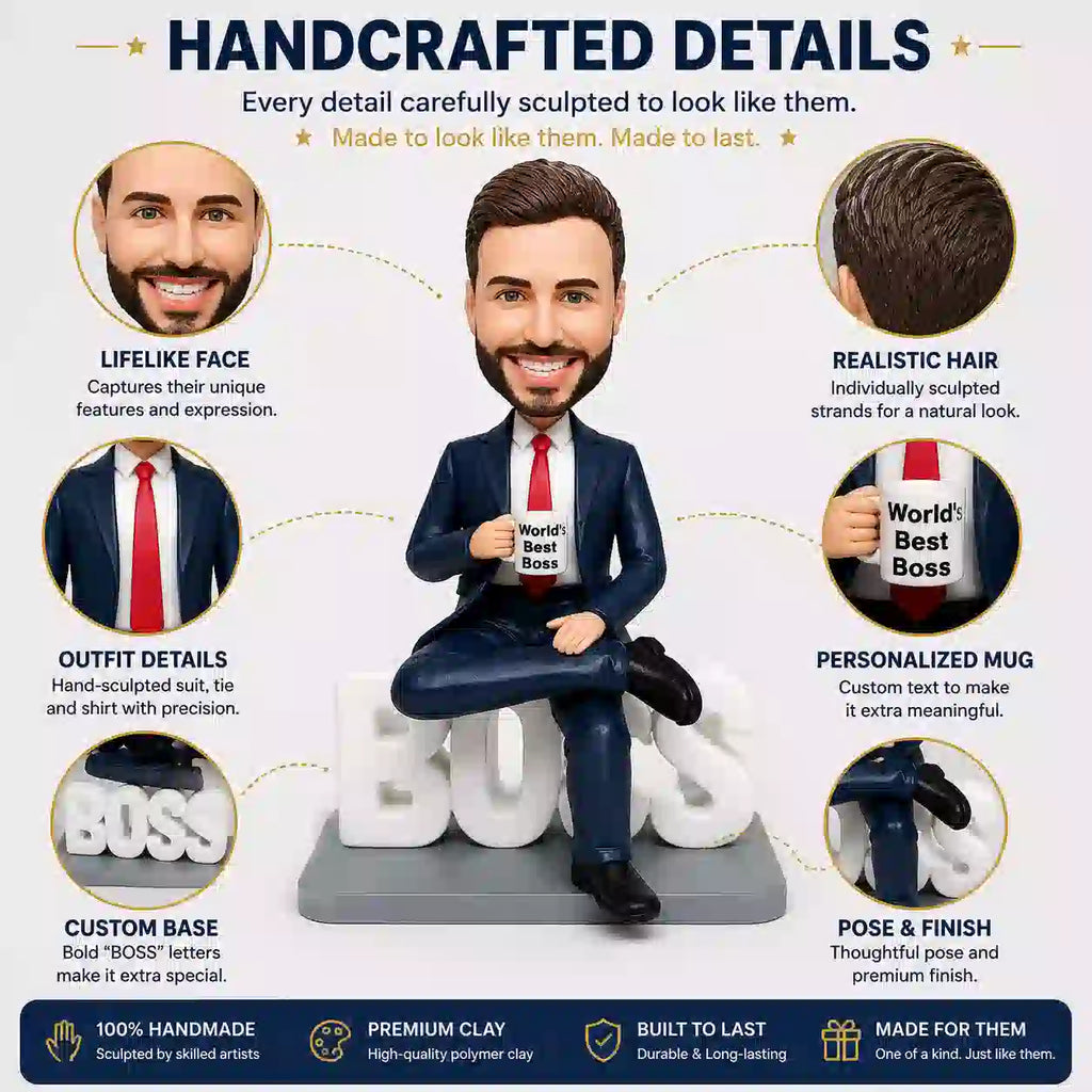 Close-up of handcrafted details for custom bobblehead, including lifelike face, hair, and custom BOSS base for personalized executive bobblehead from photo