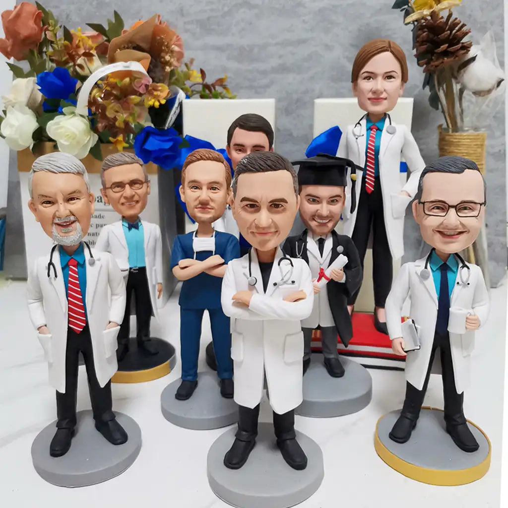 Handmade custom doctor bobbleheads created from customer photos