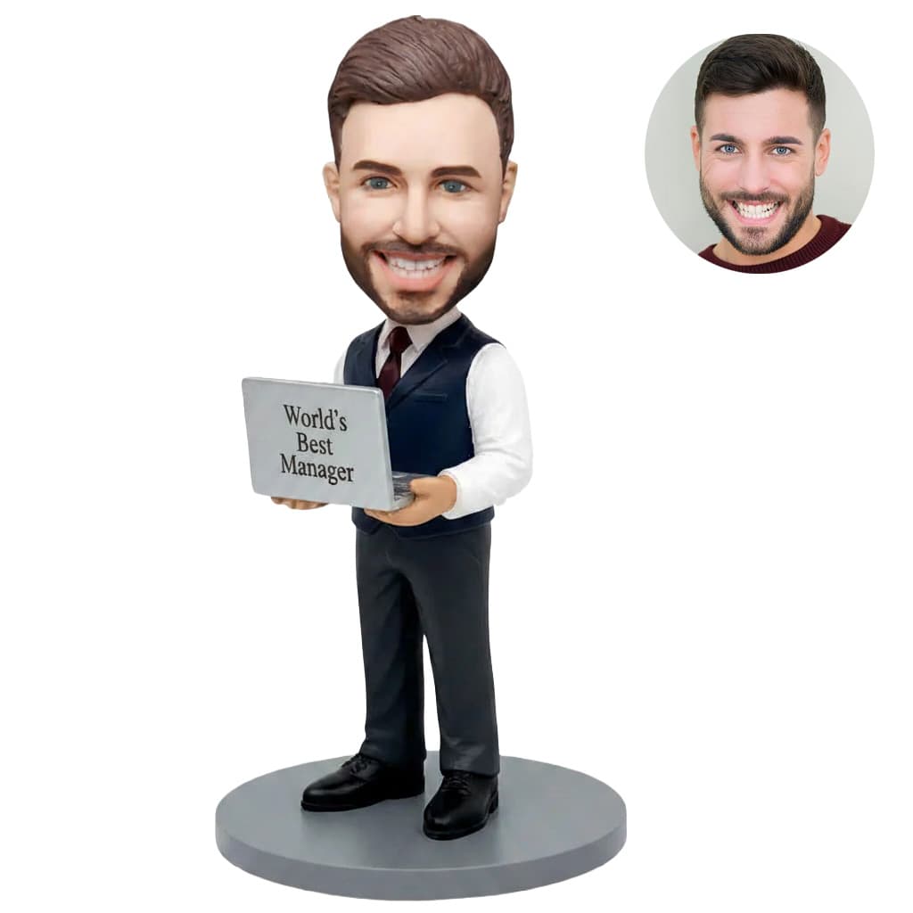 Custom bobblehead for men in navy vest holding laptop with Best Boss screen – personalized boss day gift handcrafted from photo