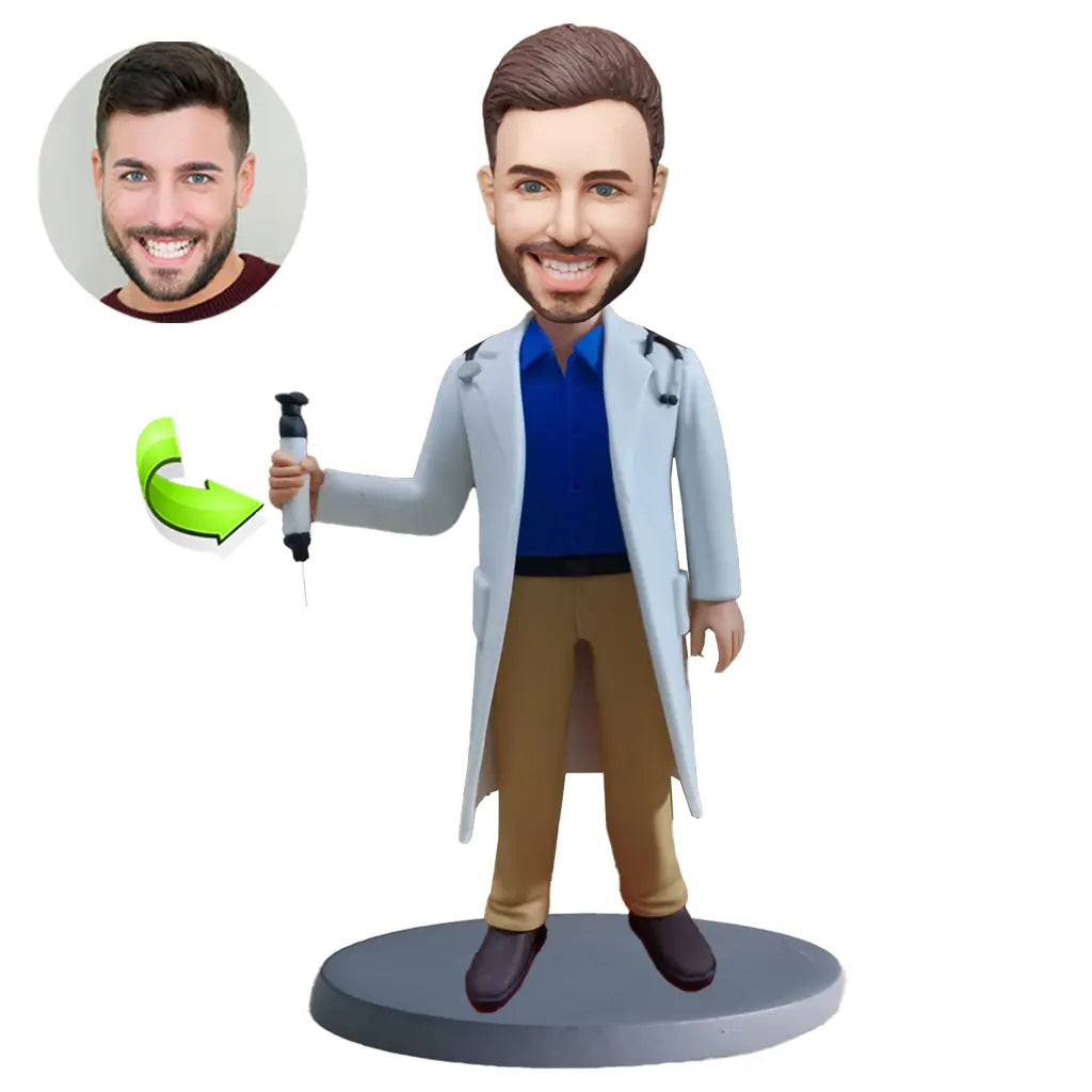 Custom male doctor bobblehead personalized from photo holding a syringe
