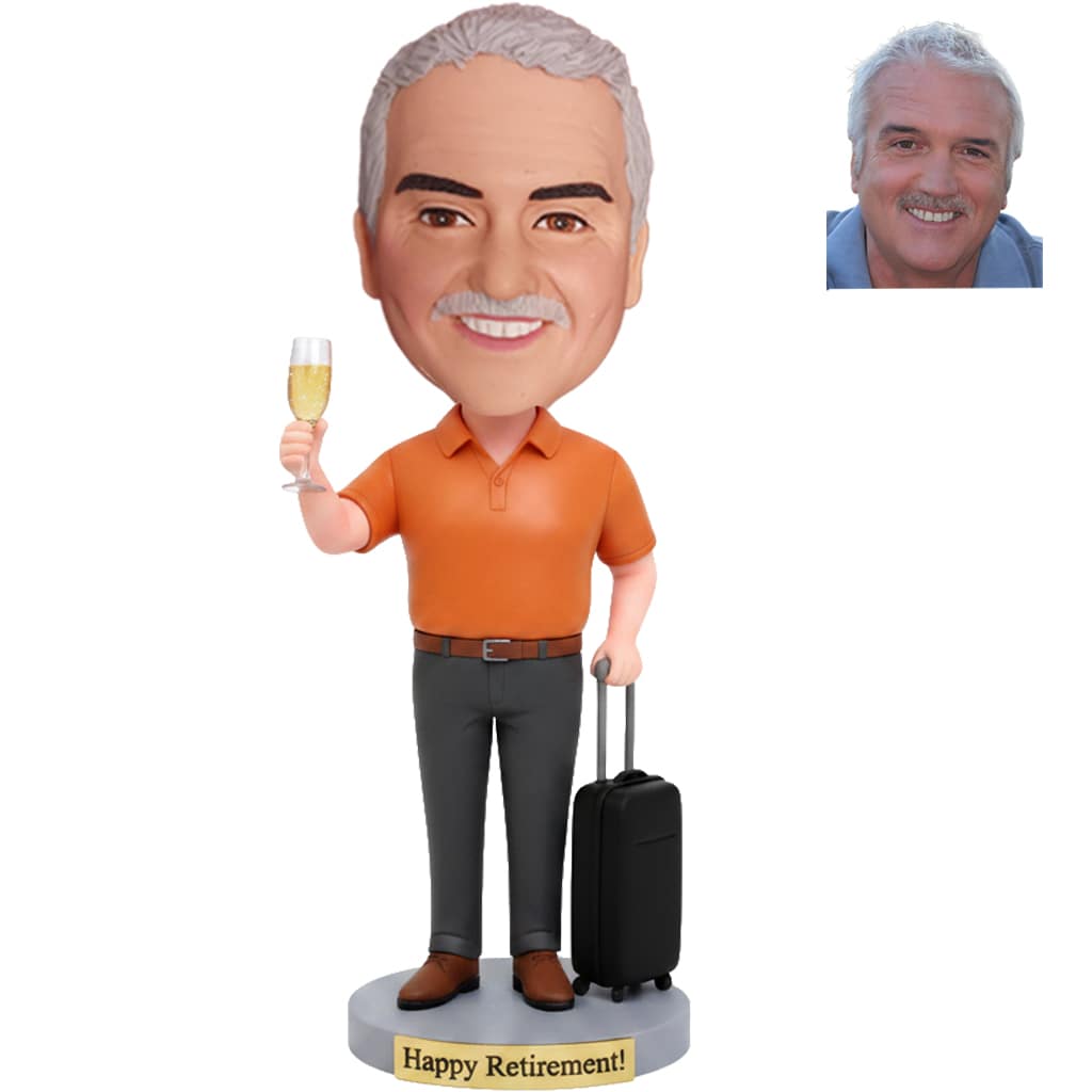 Custom Male Retirement Bobblehead with Luggage and Champagne - Travel Retirement Gift
