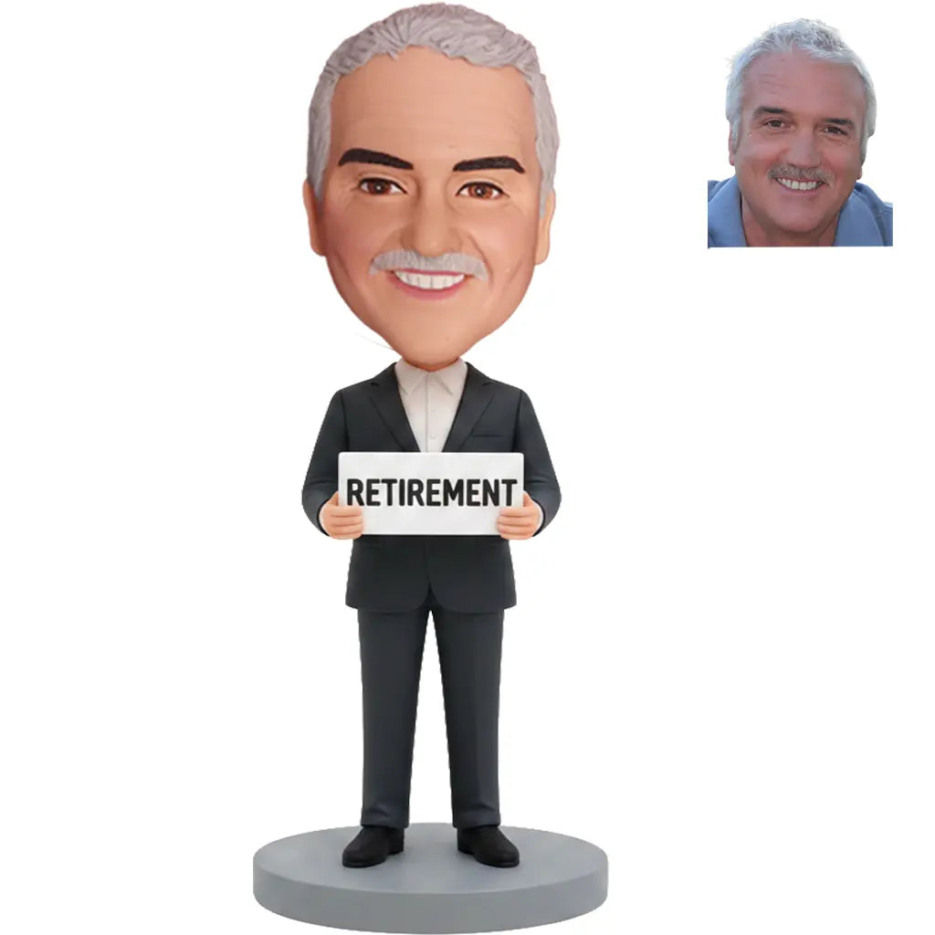 Custom Male Retirement Bobblehead in Dark Suit Holding Retirement Sign