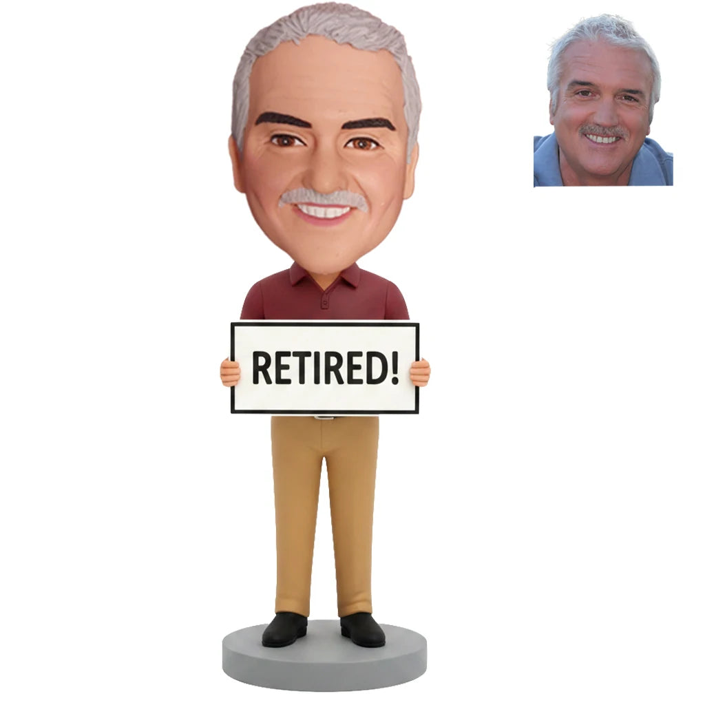 Custom Male Bobblehead Holding RETIRED Sign - Personalized Retirement Gift for Men