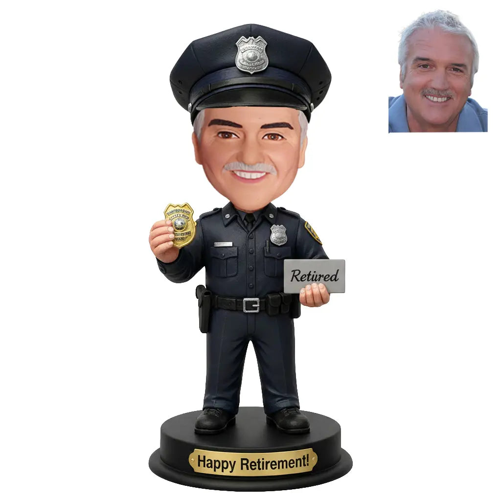 Custom Male Police Officer Retirement Bobblehead Black Uniform Gold Badge Retired Sign - Happy Retirement Gift for Him