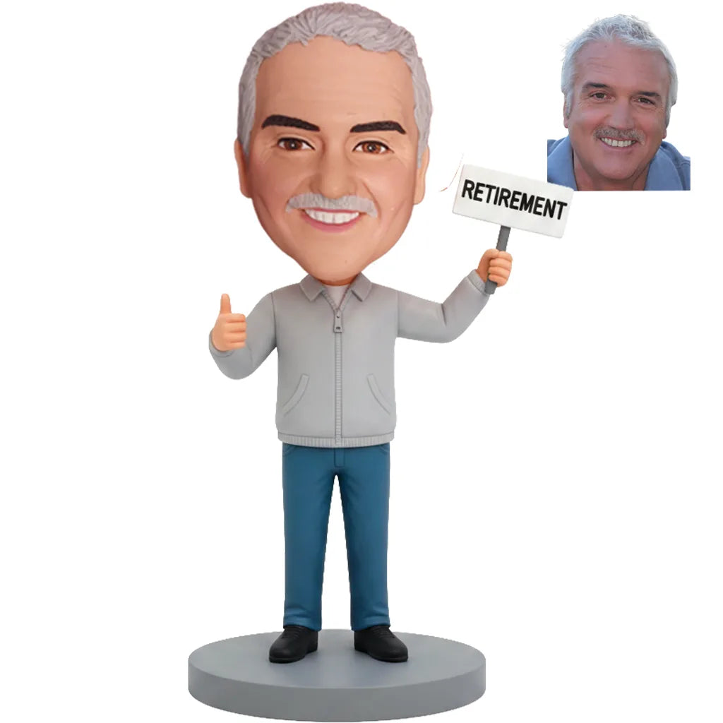 Custom Male Retirement Bobblehead in Retired T-Shirt Thumbs Up - Gift for Him