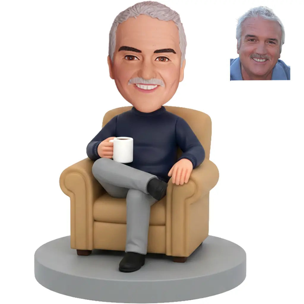 Custom Retirement Bobblehead for Men Sitting in Chair with Coffee - Funny Retirement Gift for Him
