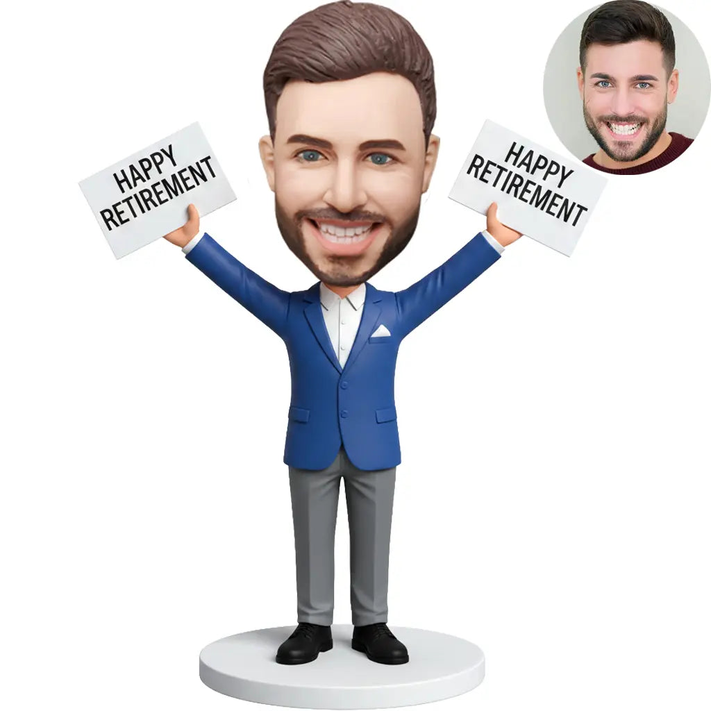 Custom Retirement Bobblehead for Men Arms Up Celebration - Happy Retirement Gift for Him