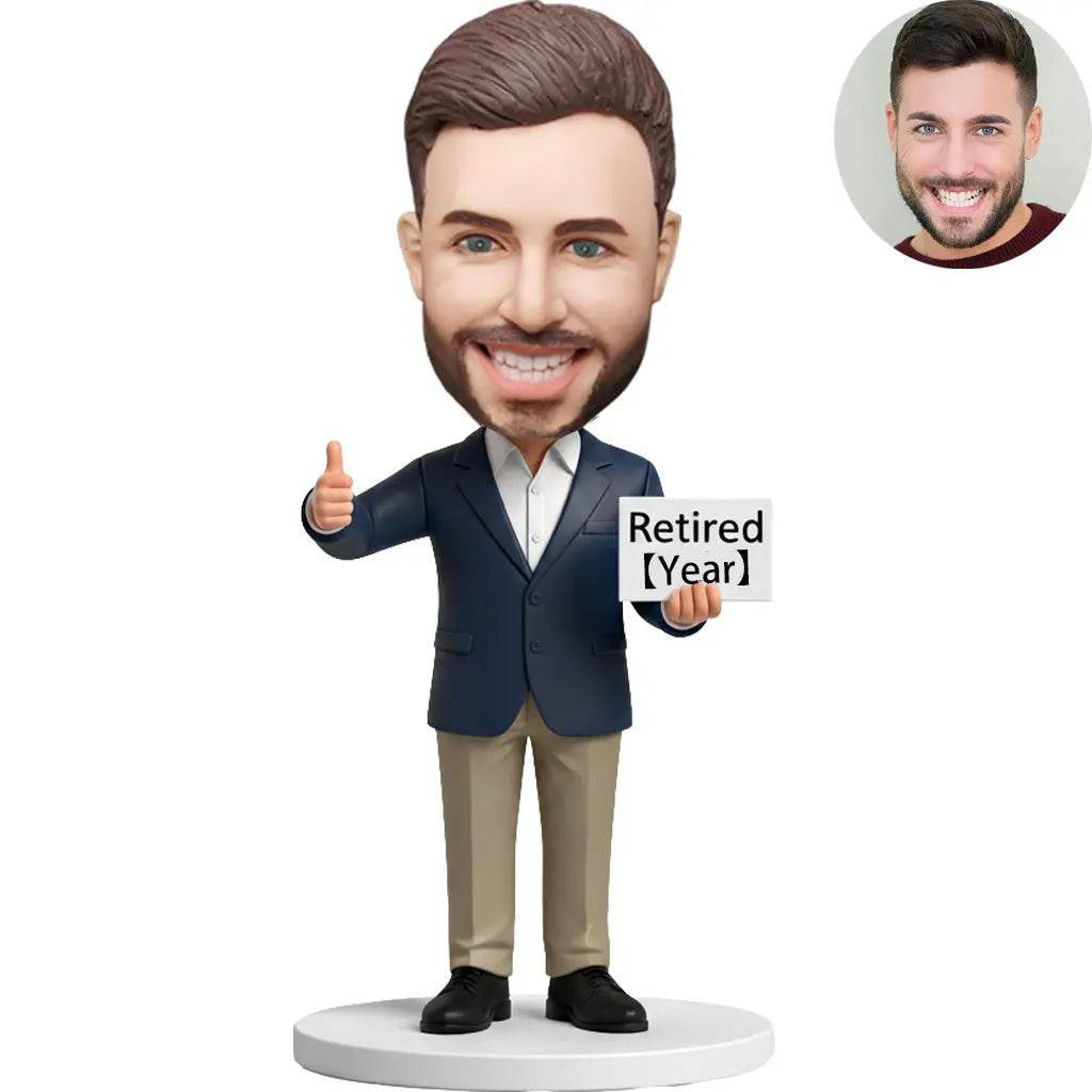 Custom Retirement Bobblehead for Men in Suit Holding Retired Sign - Personalized Retirement Gift for Him