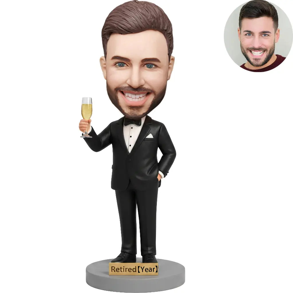 Custom Retirement Bobblehead for Men Tuxedo Raising Champagne - Luxury Retirement Gift for Him