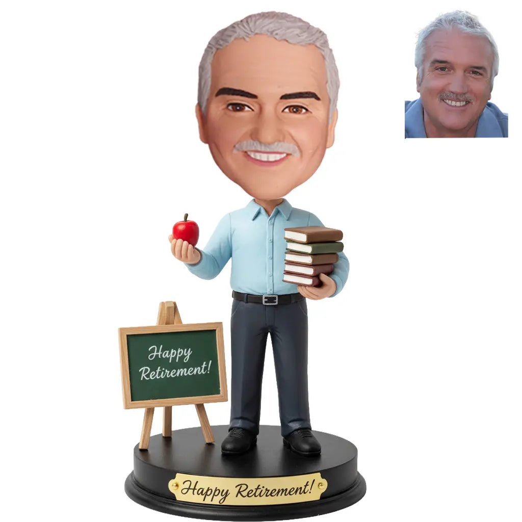 Custom Male Teacher Retirement Bobblehead Blue Shirt with Chalkboard Sign Apple Books - Happy Retirement Gift for Him