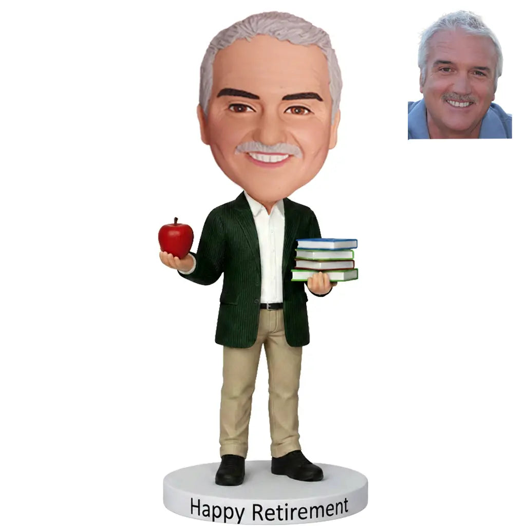 Custom Male Teacher Retirement Bobblehead Dark Blazer Apple Books - Happy Retirement Gift for Him