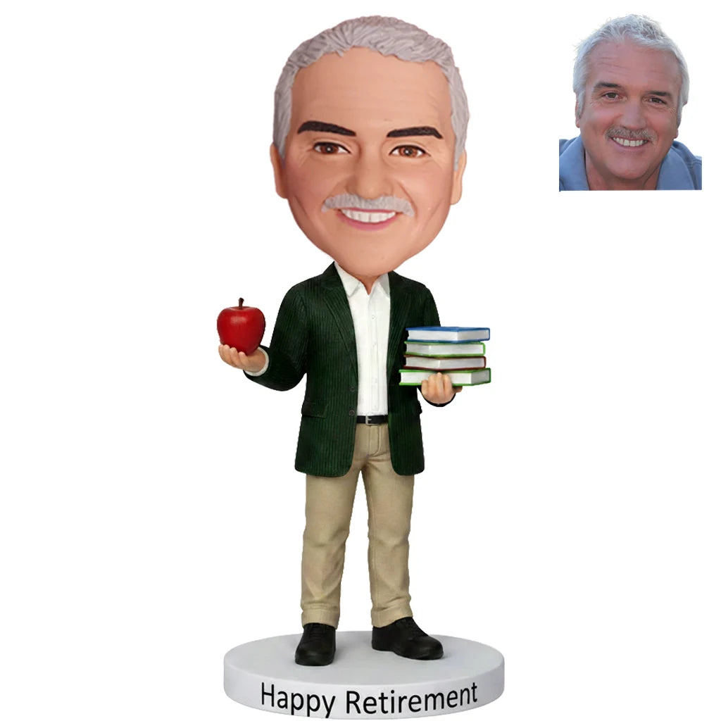Custom Male Teacher Retirement Bobblehead Dark Green Blazer Apple Books - Happy Retirement Gift for Him