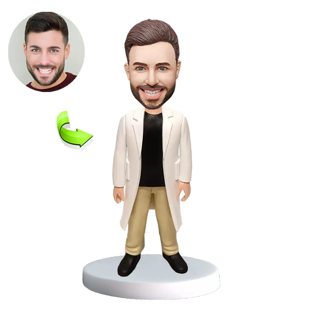 Personalized male physician bobblehead custom made from photo in doctor attire